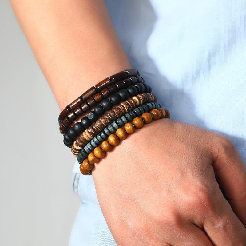 Hot Selling, Handmade Beaded Bracelet, Men's Retro Multi-layer Elastic Line Wood Bead Coconut Shell Jewelry
