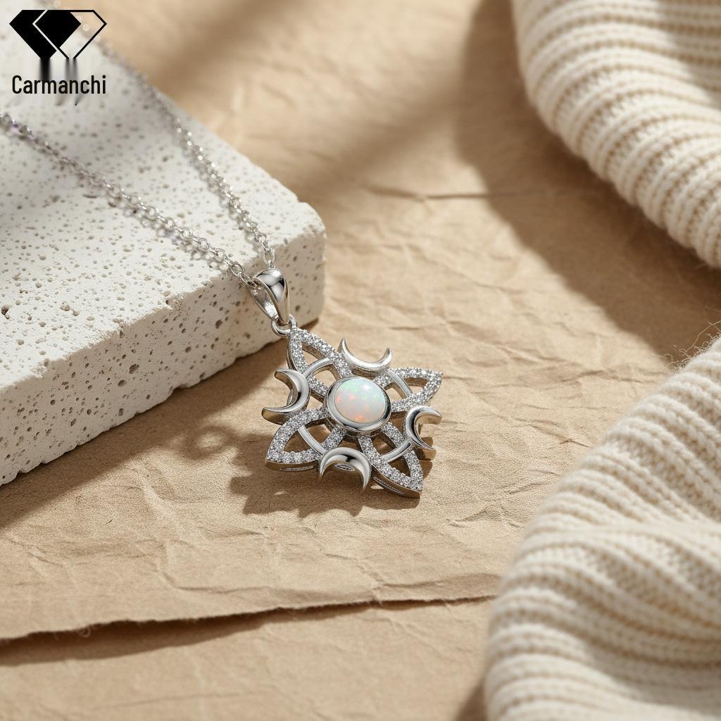 KNN-1071 Opal Celtic Witch Knot Pendant Necklace with Stainless Steel Clavicle Chain