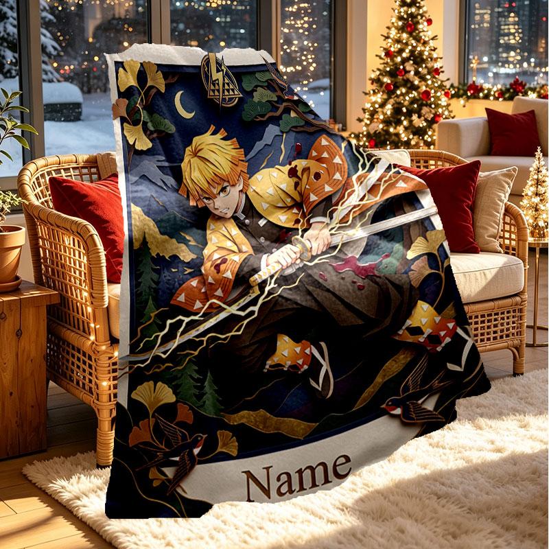 Couverture Personnalisée au Nom avec Impression Demon Slayer, Décoration d'Intérieur, Chambre à Coucher, Canapé, Camping, Canapé, Cadeaux pour Anniversaire Noël
