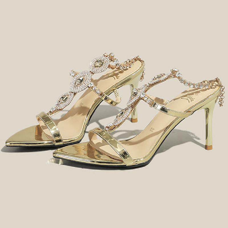 Fashion Luxury Rhinestone Women Sandals Fashion Pointed Toe Open Toe Chain Buckle Roman Shoes High Quality Elegant Thin Heel Dress Shoes