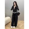 Black and white contrasting color splicing bottoming shirt women's spring waist pleated fake two-piece top half zipper long-sleeved T-shirt