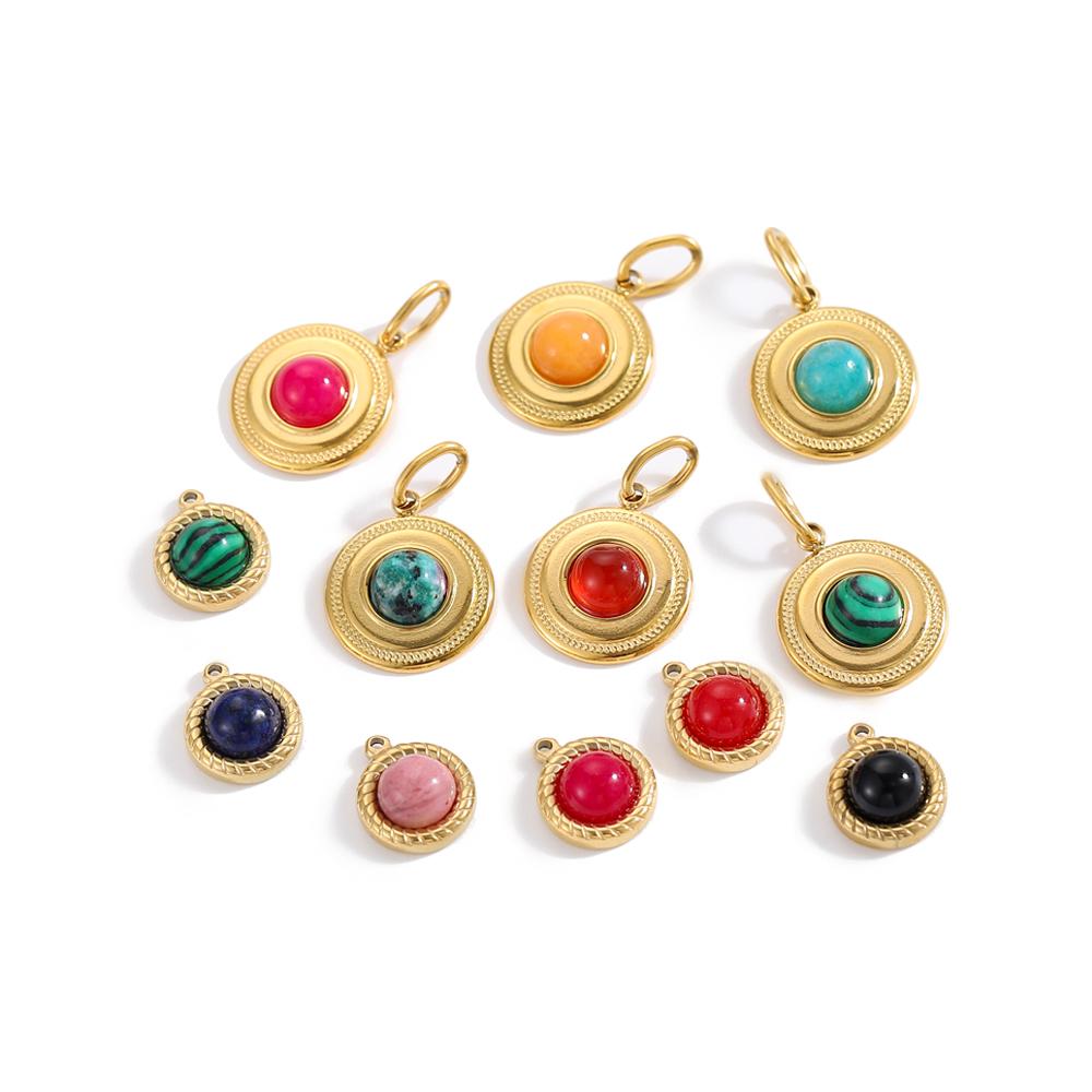 CARLIDANA Vintage Stainless Steel Pendant Gold Plated Multi-Colored Round Natural Stone Handmade Diy Necklace Jewelry Charms