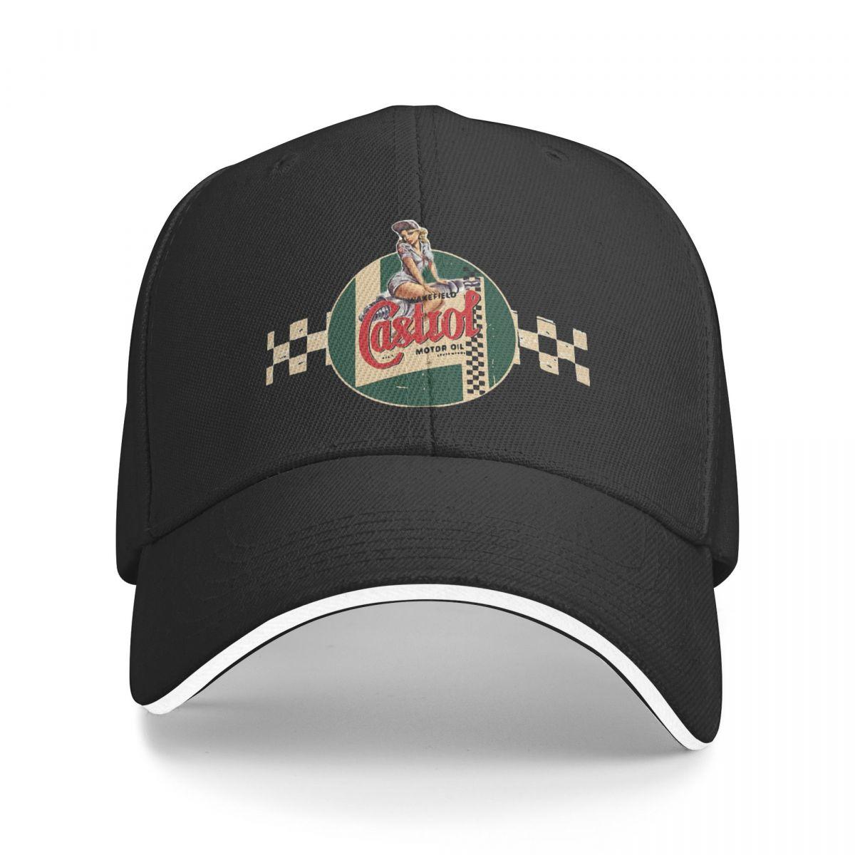 

Castrol Vintage Racing Stripe Pin Up Girl_68313263 Многоцветная шляпа Женская кепка с козырьком Ветрозащитные шапки с персонализированным козырьком