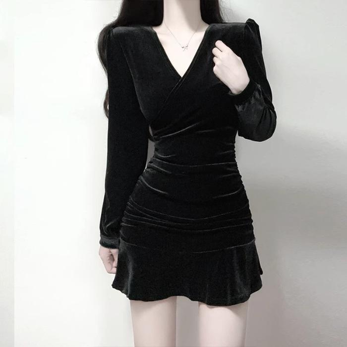 

Small dress Autumn and winter birthday dress dress Royal sister wears a short velvet little black dress to show her figure XL чорний