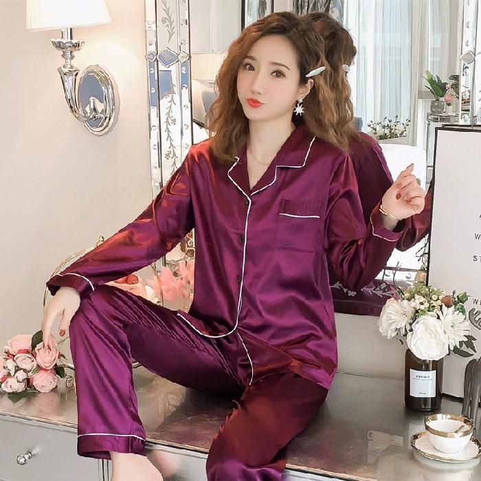 Women’s 2024 Spring/Summer Ice Silk Plaid Pajamas - Long-Sleeved Two-Piece Set