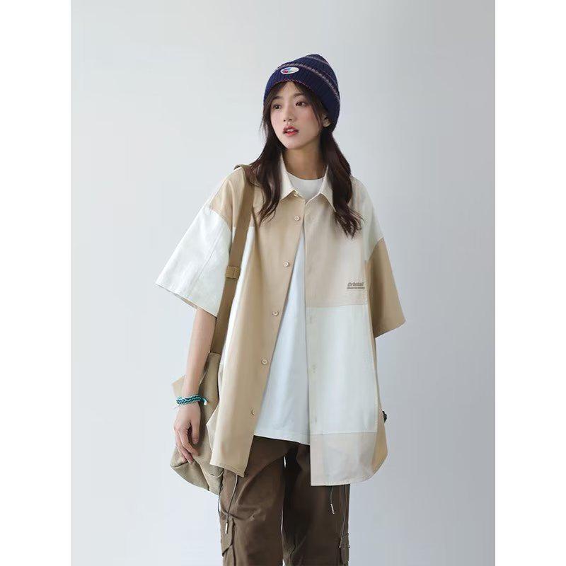 

2023 Summer Unisex Casual Loose Fit Color Block Button-Down Shirt L абрикосовый