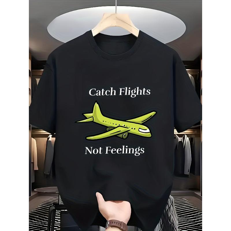 European Sizes Men s T-Shirt Catch Flights Not Feelings Airplane Print T-Shirt - Casual Round Neck Short Sleeve Summer Travel Tee with Flight Slogan S разноцветный