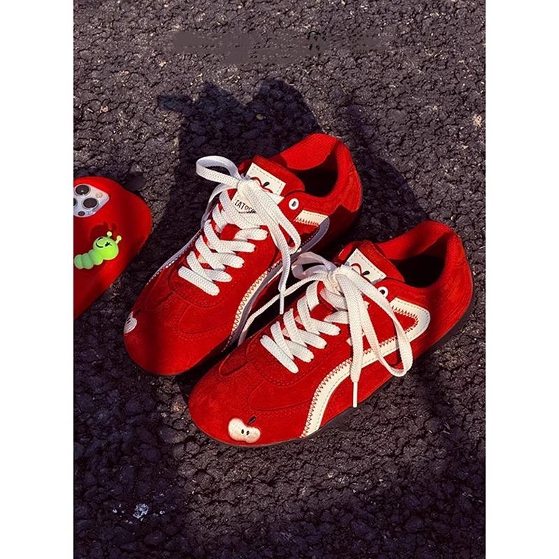 Red Dexun Shoes Women's 2025 New Versatile Sports Casual Shoes Thin-soled Racing Shoes Apple Casual Forrest Gump Shoes Tide