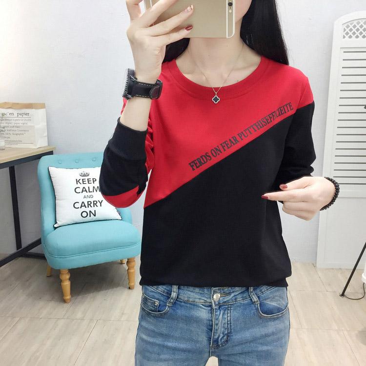 Simple Color Stitching T-shirt Slim Fashion Letter Printing Thin Sweater Spring Korean Women's Sweatshirt