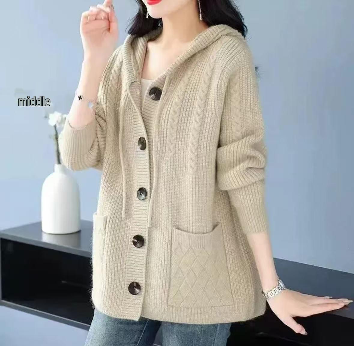 

Кардиган вязаный с капюшоном в корейском стиле для женщин - Осенне-зимнее пальто-свитер плюс вельвет 5XL [For 165-180 lbs]