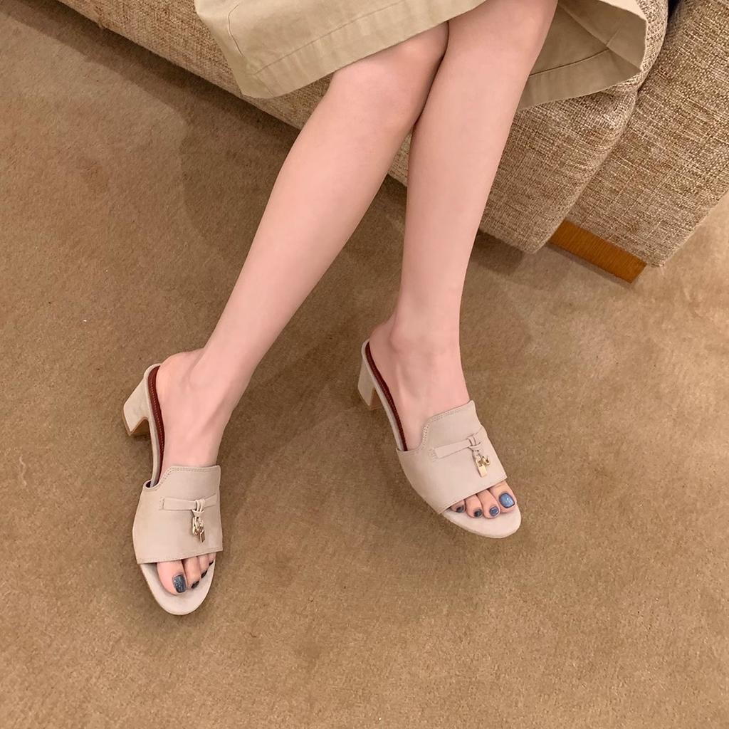 Sheepskin version~ Old Money Merry Su Lock with thick heels and cool slippers for women