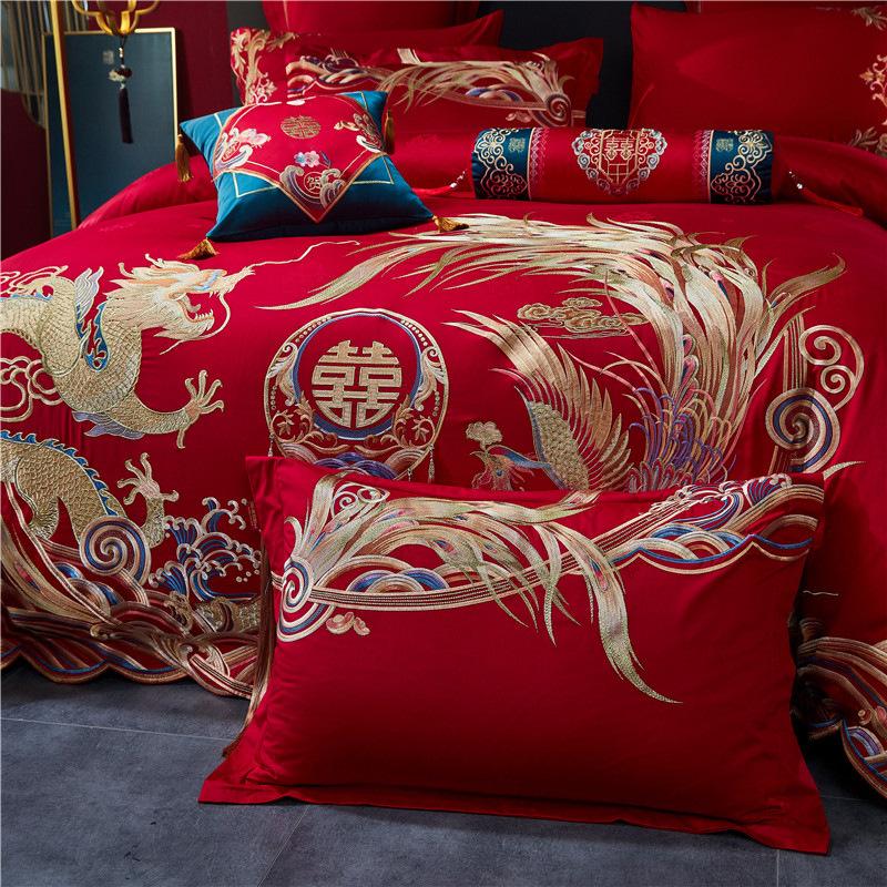 High-End Long-Staple Cotton Wedding 4Pcs Set Chinese Wedding Wedding Kit Big Red Embroidery Pure Cotton Wedding Bedding