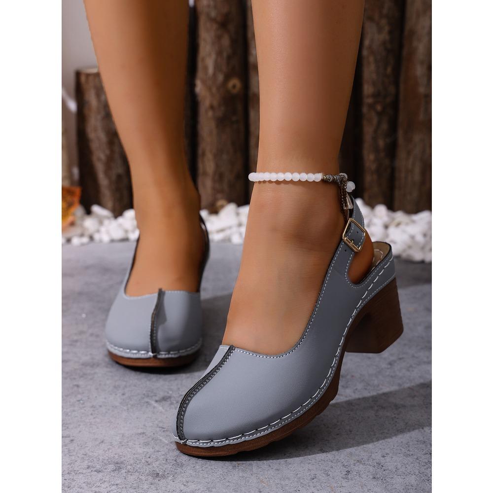 Plus Size Women Retro Block Heel Sandals, Buckle Design Comfort High Heels Outdoor Beach Vacation Shoes