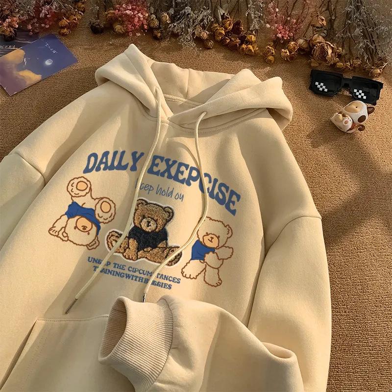 Women's American-Style Cotton Hooded Sweatshirt - Autumn/Winter Loose Fit Printed Pullover Hoodie