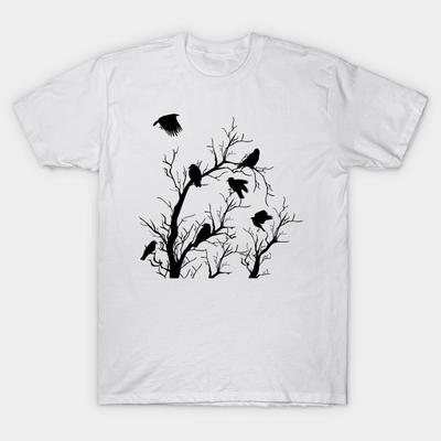Asian Size Men Print T-shirt Crows In Tree Tops No-Cut Heat Transfer Print Cotton Tshirt