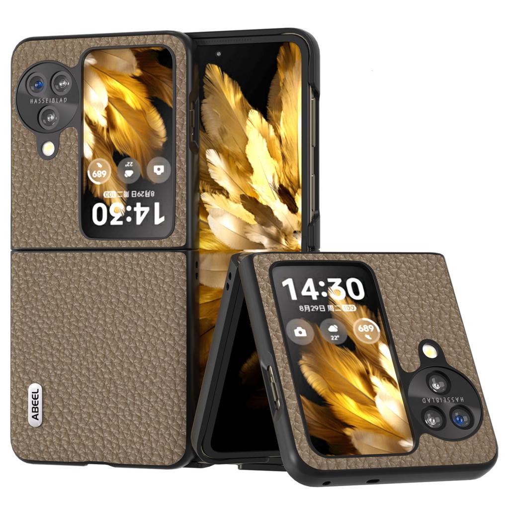 ABEEL For Oppo Find N3 Flip 5G Genuine Cow Leather+PC Phone Case Litchi Texture Drop Protection Cover