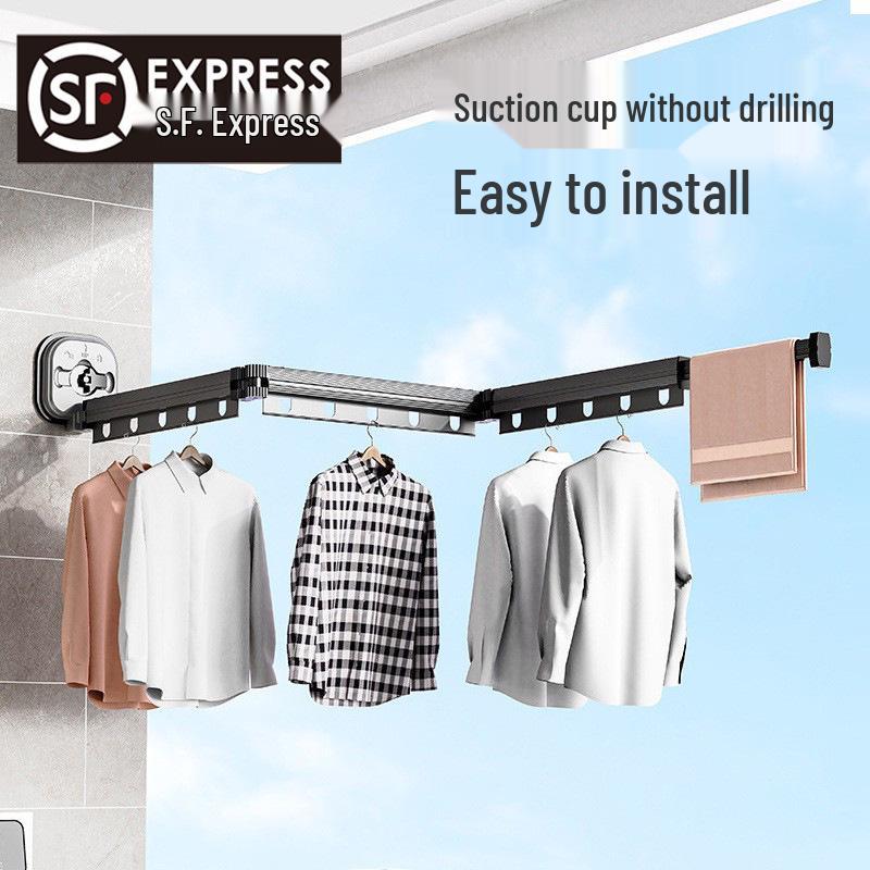 Punch-Free Suction Cup Folding Clothes Drying Rack with Retractable Rod – Invisible and Compact for Bathroom and Window Use
