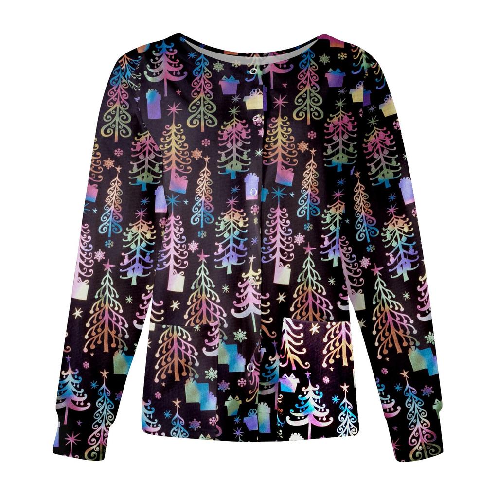 Damskie bluzki z długim rękawem, kieszeniami, stójką, jednorzędowymi kombinezonami ochronnymi, kurtka Top Christmas