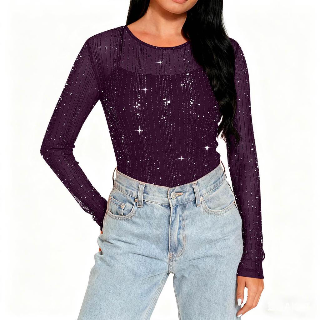 Women's High-Neck Sequin Long Sleeve Top - Spring/Autumn 2026, Stylish & Transparent Inner Layer