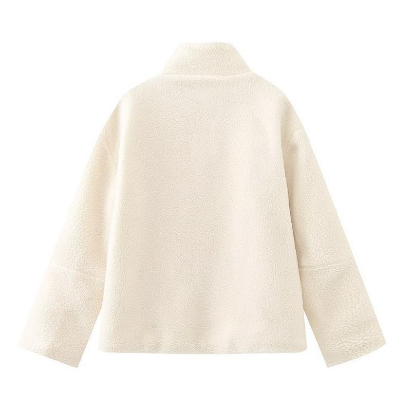 Autumn Winter High Collar Solid Color Lamb Fleece Warm Coat Women Loose Casual Zipper Outwear Cardigan Top