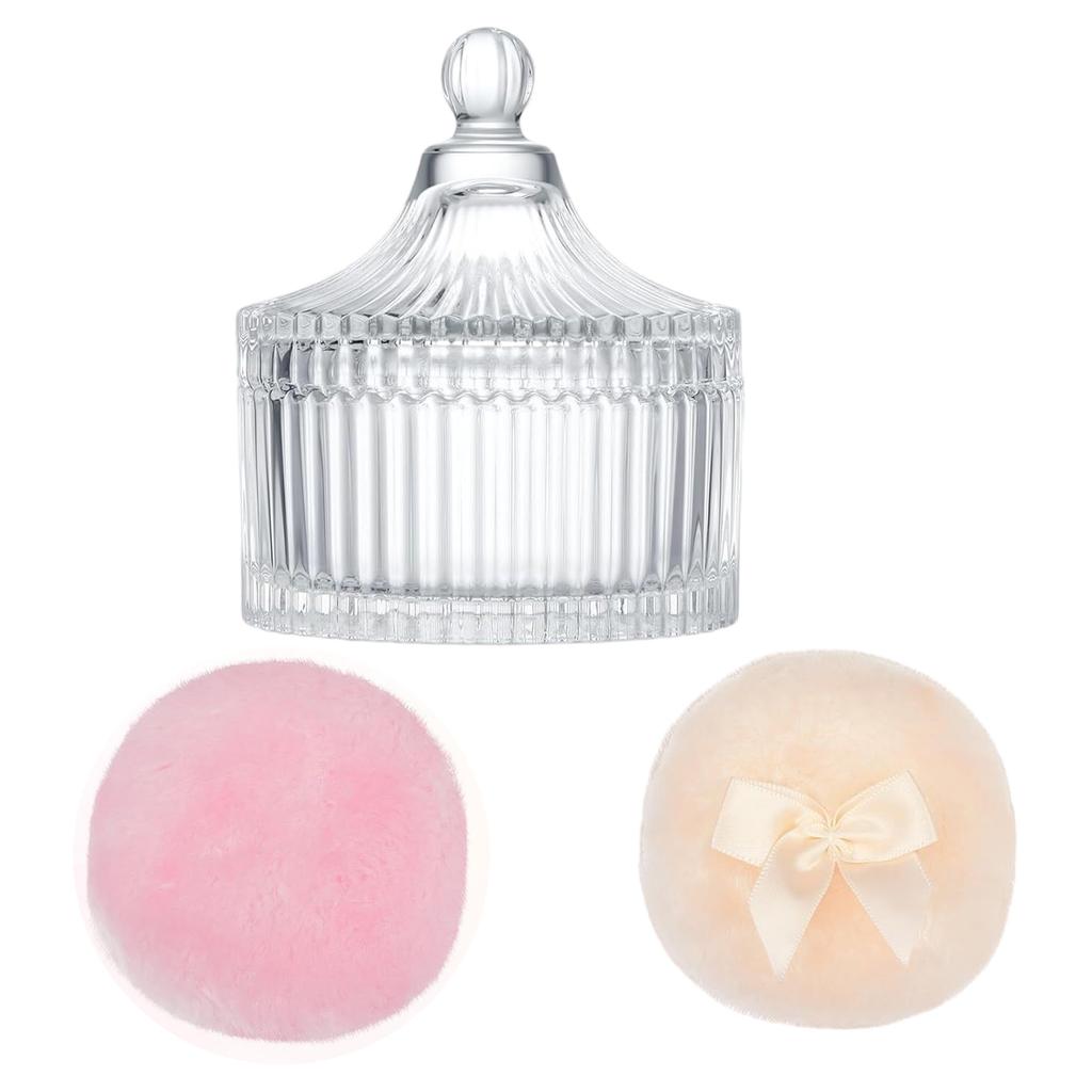 3 Pieces Multipurpose Extra Large Body Powders Puff Set with Glass Storage Container for Makeup and Beauty Tool