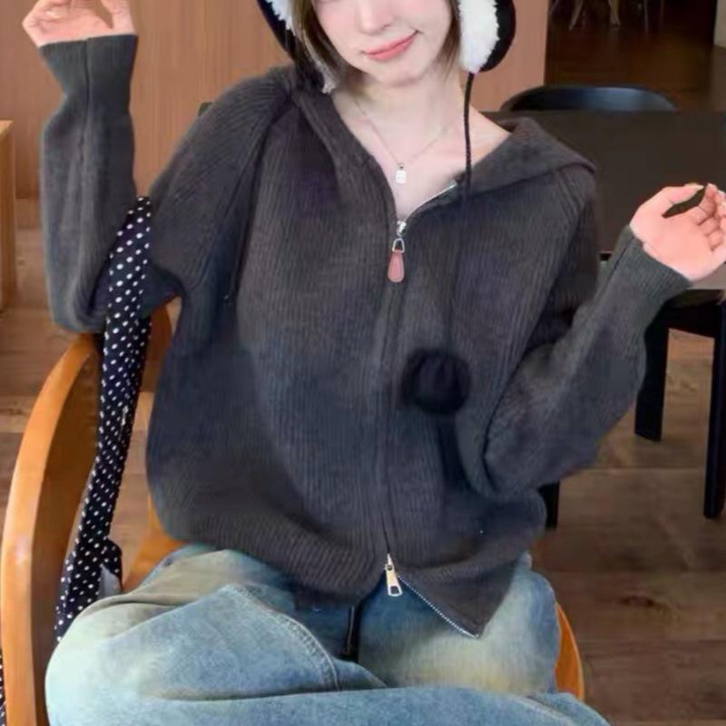 Women's Loose Fit Double Zipper Hooded Knit Cardigan - Cashmere Sweater for Autumn & Winter