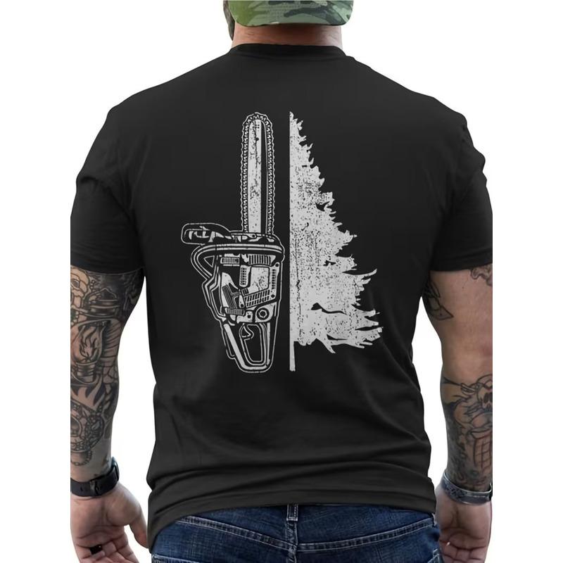Men'S T-Shirt with Graphic Print of a Chainsaw Theme - with Chainsaw And Tree Design, Casual Short-Sleeved T-Shirt for Lumberjacks, Forestry Work,