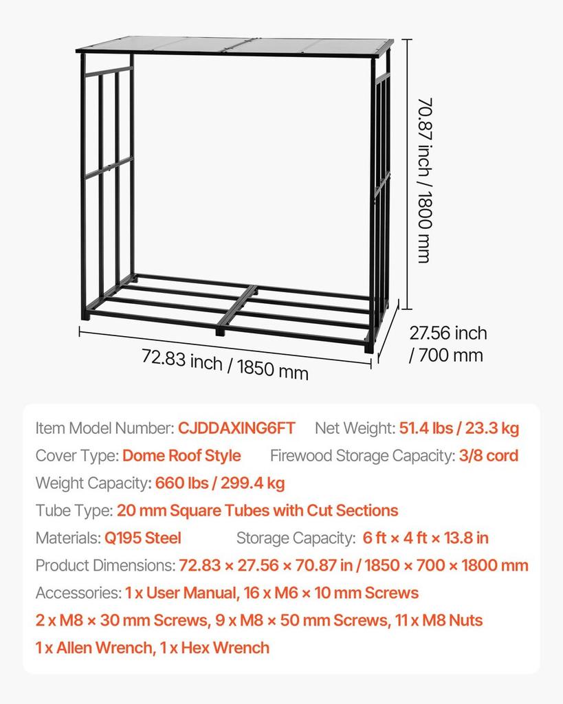 Firewood Rack with Sloped Roof, 1.85m Outdoor Firewood Holder, 1/4 Cord Log Storage Shed, 299kg Max Weight Capacity, Powder-Coated Metal Wood Storage