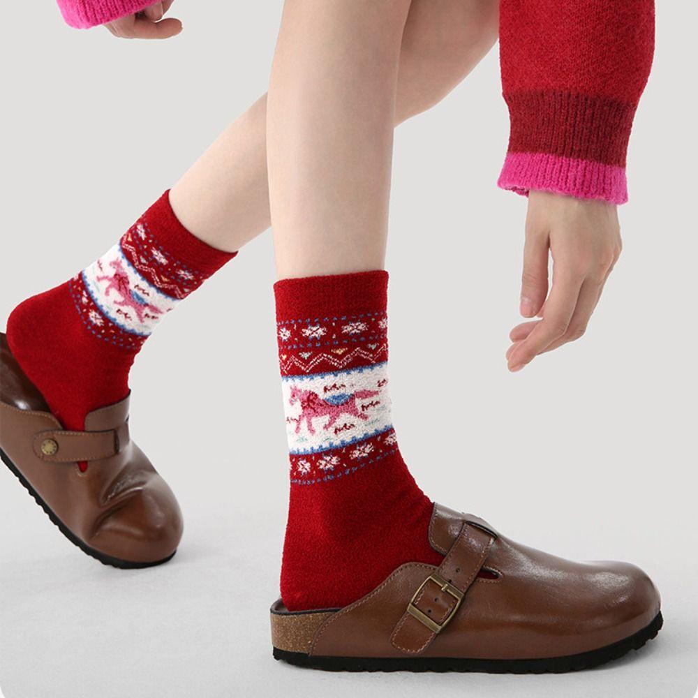 3 Pair Knitted Snow Boot Socks Red Horse Middle Tube Socks  New Year Gift