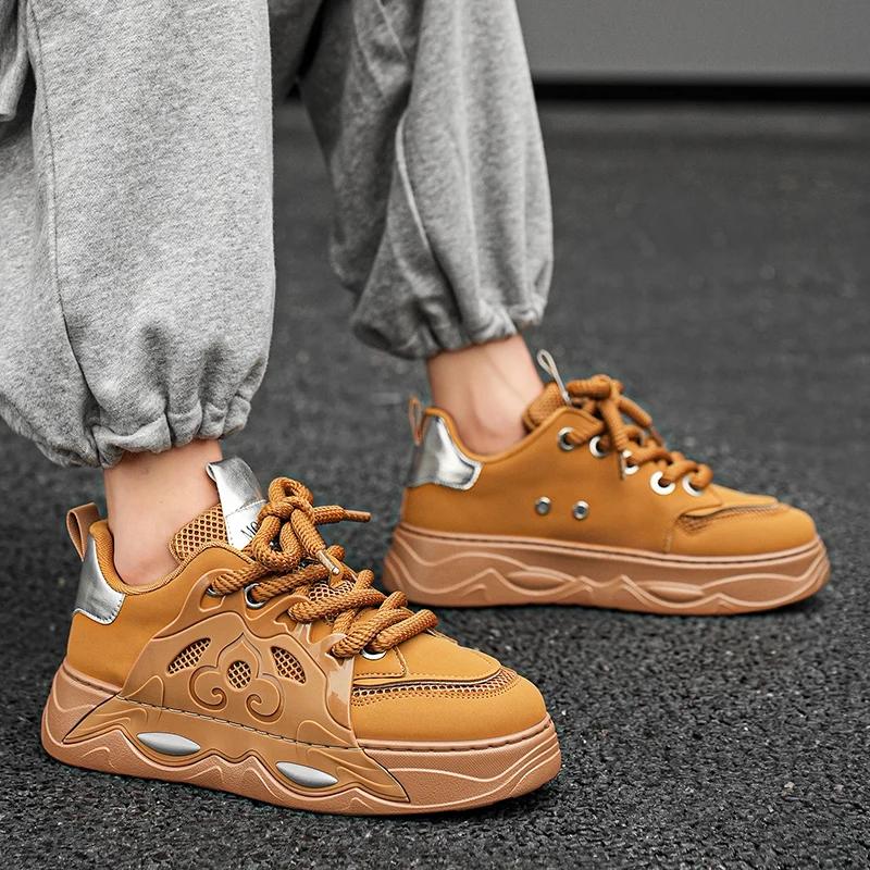 Fashion Original Platform Men's Skateboard Shoes Fashion Brown Leather Casual Skate Shoes Men Streetwear Outdoor Hip Hop Sneakers Male