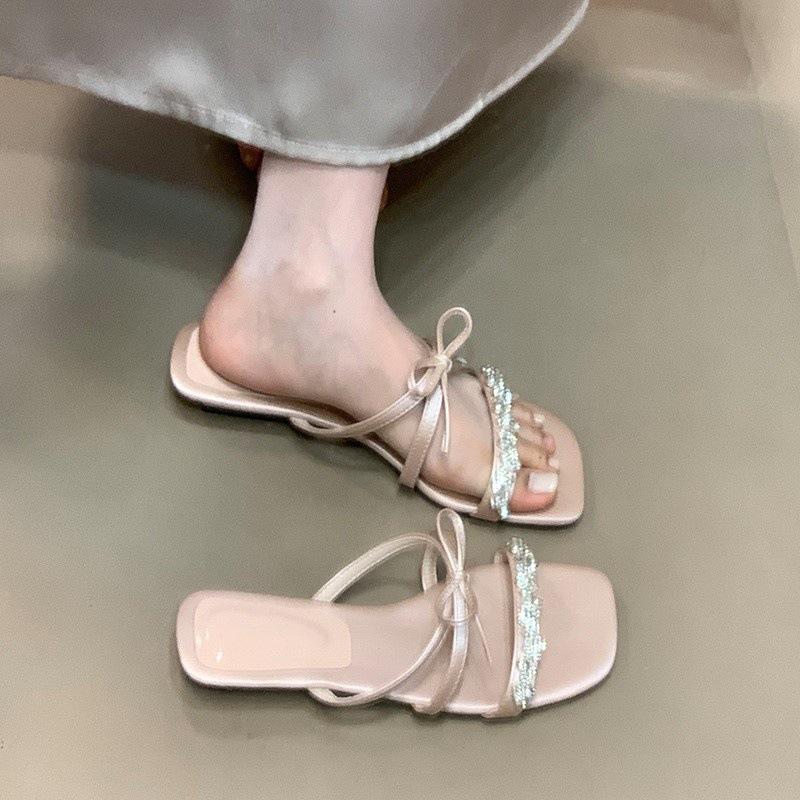 Thin ribbon rhinestone bow one-word drag women's high-end sandals wear new