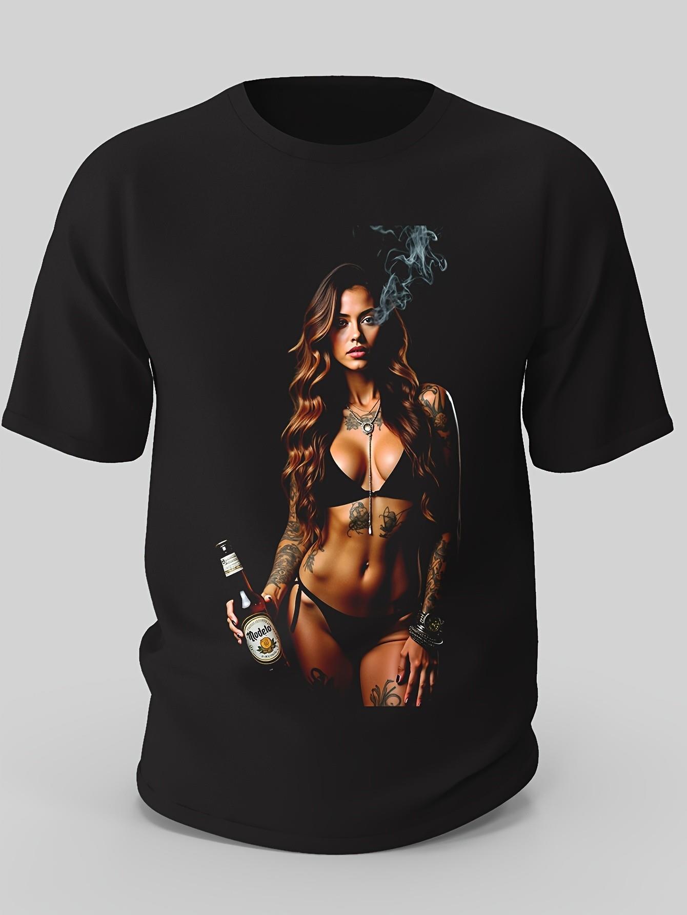 

New Retro 80s and 90s Tattoo Girl Smoking and Beer Design T-shirt Avant Garde 80s and 90s Style Pattern Tshirt for Men and Wo... 5XL різнокольоровий