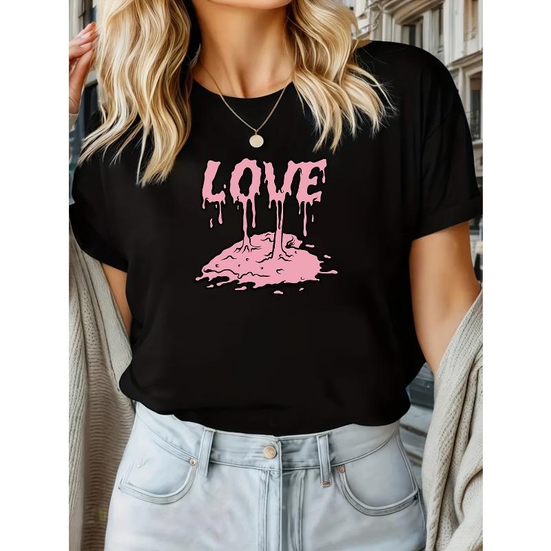 

Pink Ink Drop LOVE Printed Short Sleeve T-Shirt for Women, a Trendy And Casual Top Essential for Spring And Summer, Versatile for Various Outfits 4XL