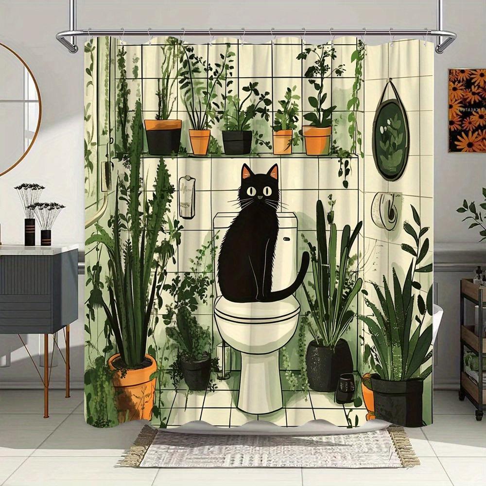 

Черный кот среди растений Водонепроницаемая шторка для душа для современного декора ванной комнаты, Стильная и прочная, Идеально подходит для домашнего использования W90XH180cm