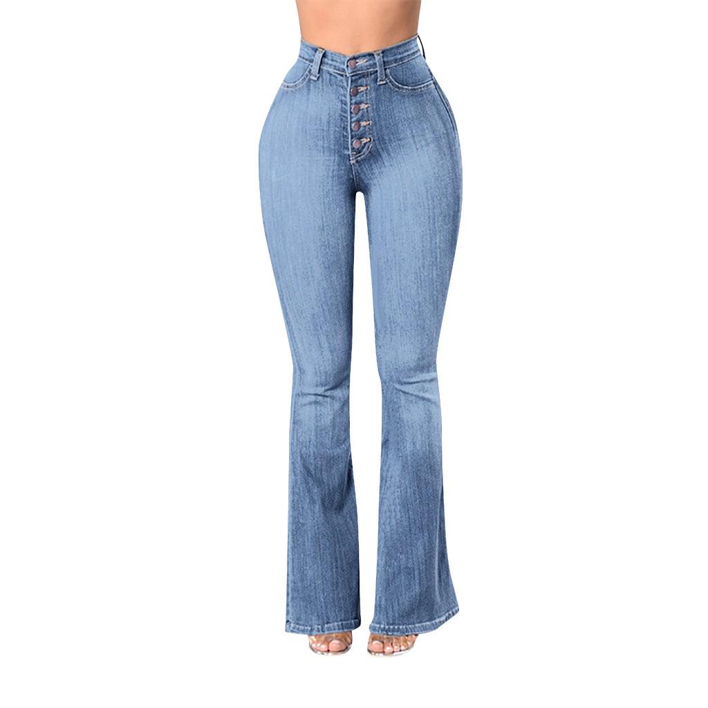 Women  Elastic Plus Loose Denim Pocket Button Casual Boot Cut Pant  Jeans