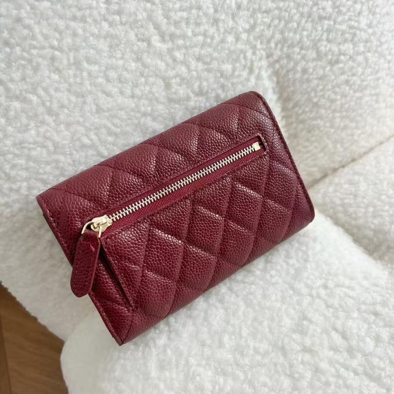 2026 New Caviar Patterned Cowhide Long Three Fold Wallet Hand-held Bag Chain Strap Crossbody Genuine Leather Women's