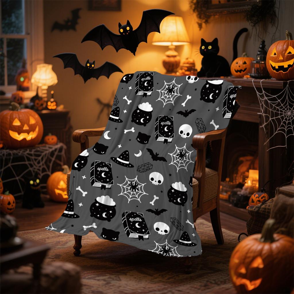 1pc Black Orenge Halloween Blanket Pumpkin Skull Bats Printed Skin-Friendly Soft Blanket  New for Home Halloween Decoration