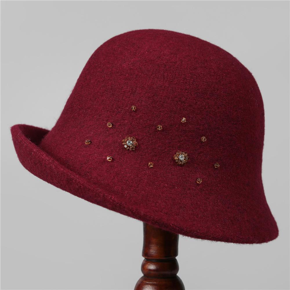 Autumn and Winter New Style Hat Handmade Rhinestone Decoration Wool Warm Fisherman Hat Elegant Curled Brim Bucket Hat for Women