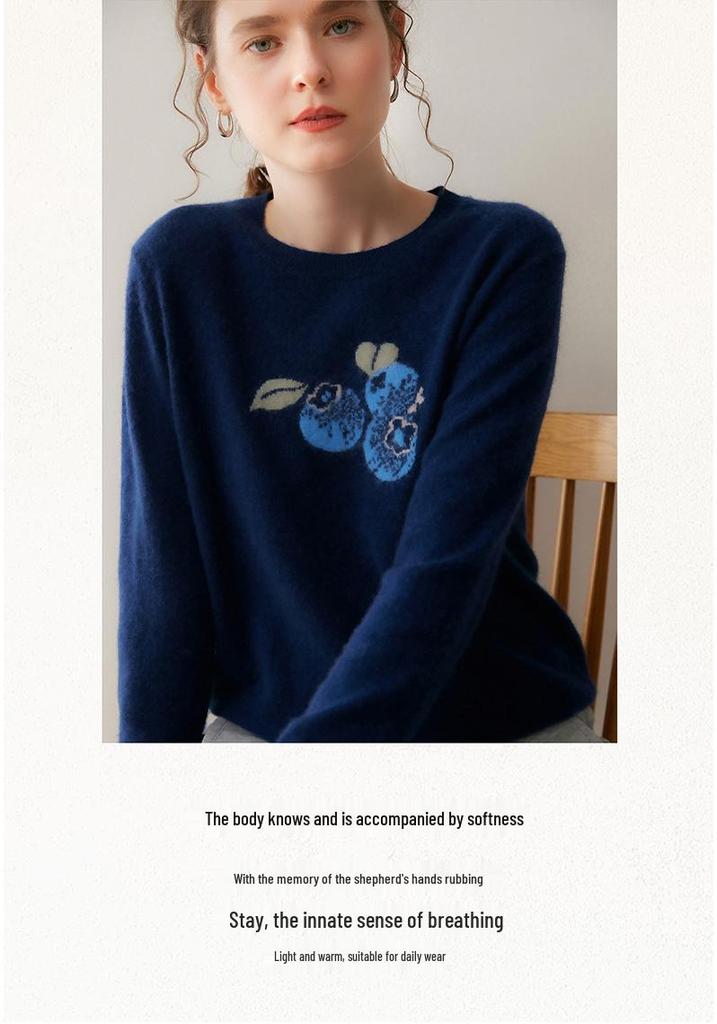 Lekasha Cashmere Blueberry Jacquard Round Neck Loose Warm Sweater