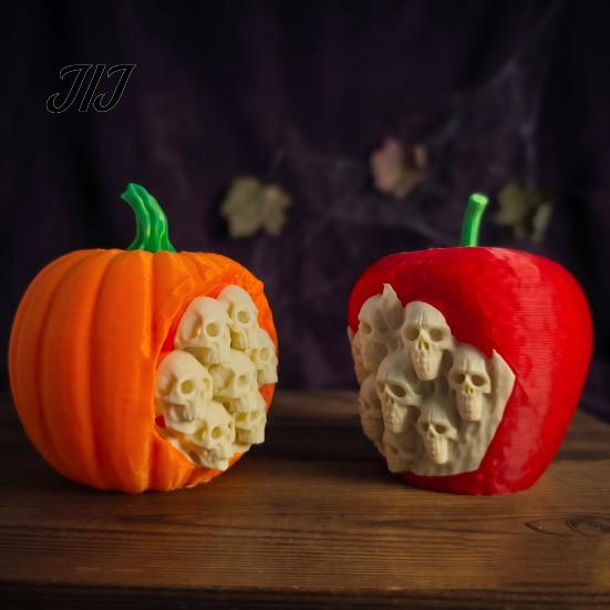Decorative Skull Fruit Shells Halloween Pumpkin Apples Statue, 3D Printed Spooky Figurine with Creepy Miniature Home Ornaments Embedded Skulls,