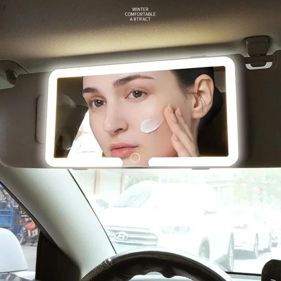 LED Car Vanity Mirror Rechargeable Sun Visor Makeup Mirror HD Dimmable Touch Screen 3 Light Modes Auto Interior Mirror