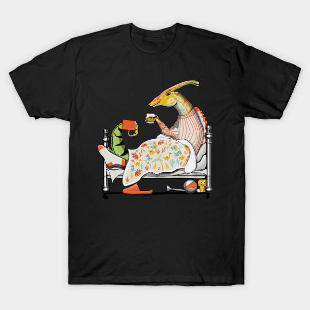 

Men Black Print T-shirt Dinosaur Parasaurolophus In Bed No-Cut Transfer Paper Print Cotton Tshirt M чорний