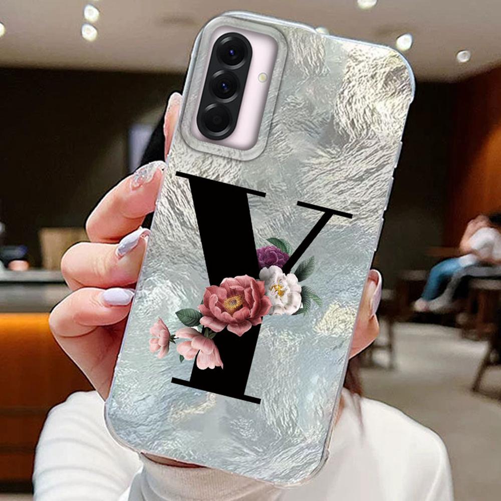 Black A-Z Letter Flower Laser Gradient For Samsung Galaxy A16 A36 A56 Phone Cases Cover Silicone Clear Soft Protect Back Bumper Hard PC Back Cover
