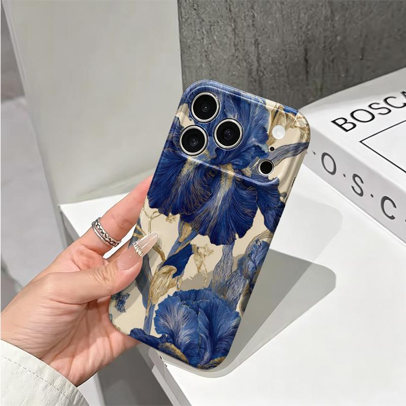 Gilded Iris Blue Gold Luxury Floral Graphic Art Film Aesthetic Protective Shockproof Bumper Phone Case Cover For iPhone 14 15 16 Pro Max Plus