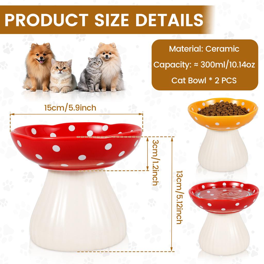 2 Pcs Elevated Raised Cat Bowl Mushroom Cat Water High Feet Food Bowl Ceramic Pet Neck Protection Anti-black Food Dish