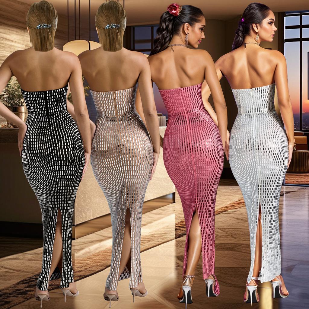 European and American fashion women's clothing solid color hot diamond sleeveless dress length