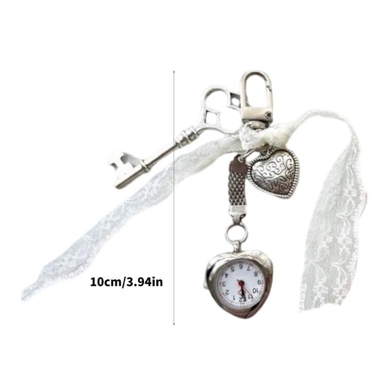 Retro Alloy Heart Keychain Featuring Working Pocket Watch Elegant Decorative Accessory