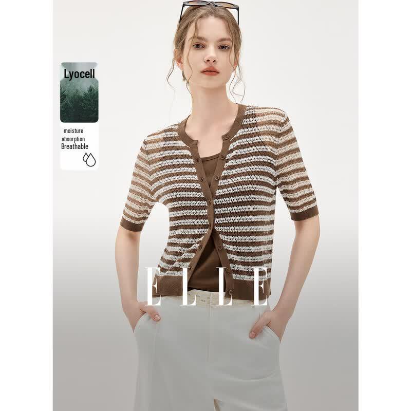 ELLE Women s Striped Knit Short Cardigan L