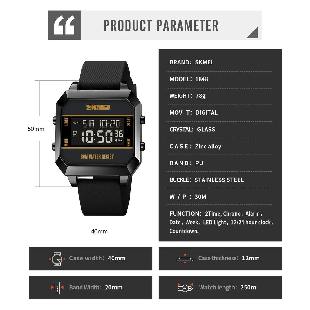 SKMEI 1848 Clock reloj hombre Digital movement Wristwatch For Mens Sport Watches 3Bar Waterproof LED Light Electronic Countdown