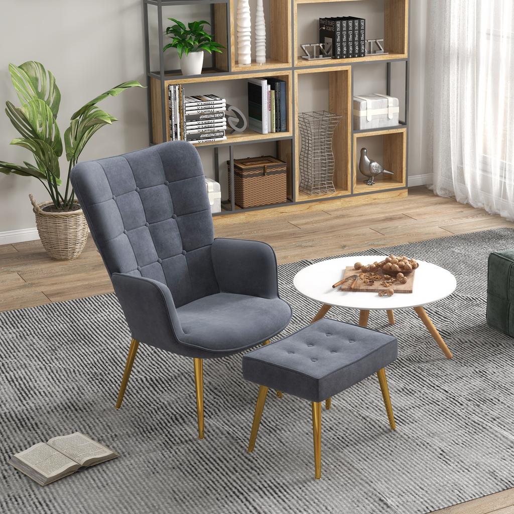 Armchair with Footrest, Upholstered Lounge Chair, High Back, Gold-Tone Steel Legs, Velvet, Dark Gray